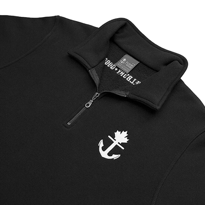 Canadian made black quarter zip sweatshirt with front kangaroo pocket.  Made of cotton and recycled polyester blend.