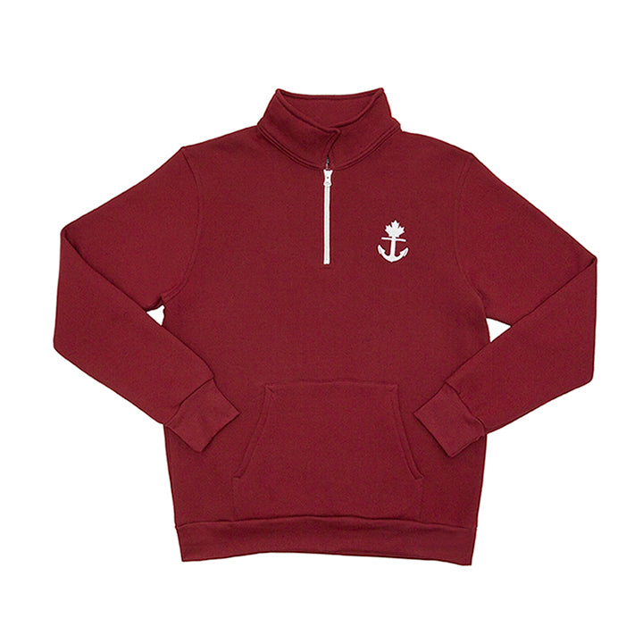 Canadian made wine coloured quarter zip sweatshirt with front kangaroo pocket.  Made of cotton and recycled polyester blend.