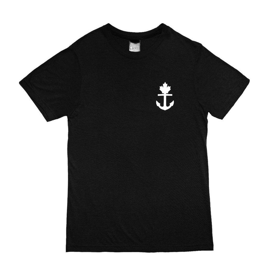 Illbury + Goose Canadian Made black Bamboo-Cotton unisex fit t-shirt with small anchor and maple leaf logo on front left chest.  Slogan "Truly Unique, Entirely Canadian" in on the back.