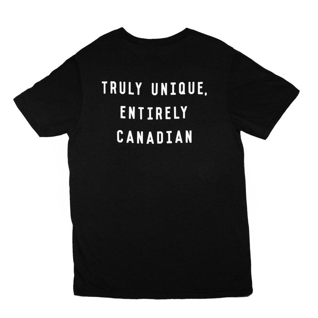 Illbury + Goose Canadian Made black Bamboo-Cotton unisex fit t-shirt.  Slogan "Truly Unique, Entirely Canadian" on the back.  Front of t-shirt has small anchor with leaf Logo on the left chest.