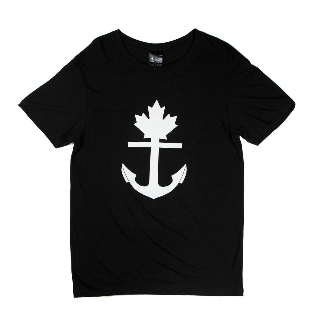 Illbury + Goose Canadian Made black bamboo cotton t-shirt.  White anchor with maple leaf logo.