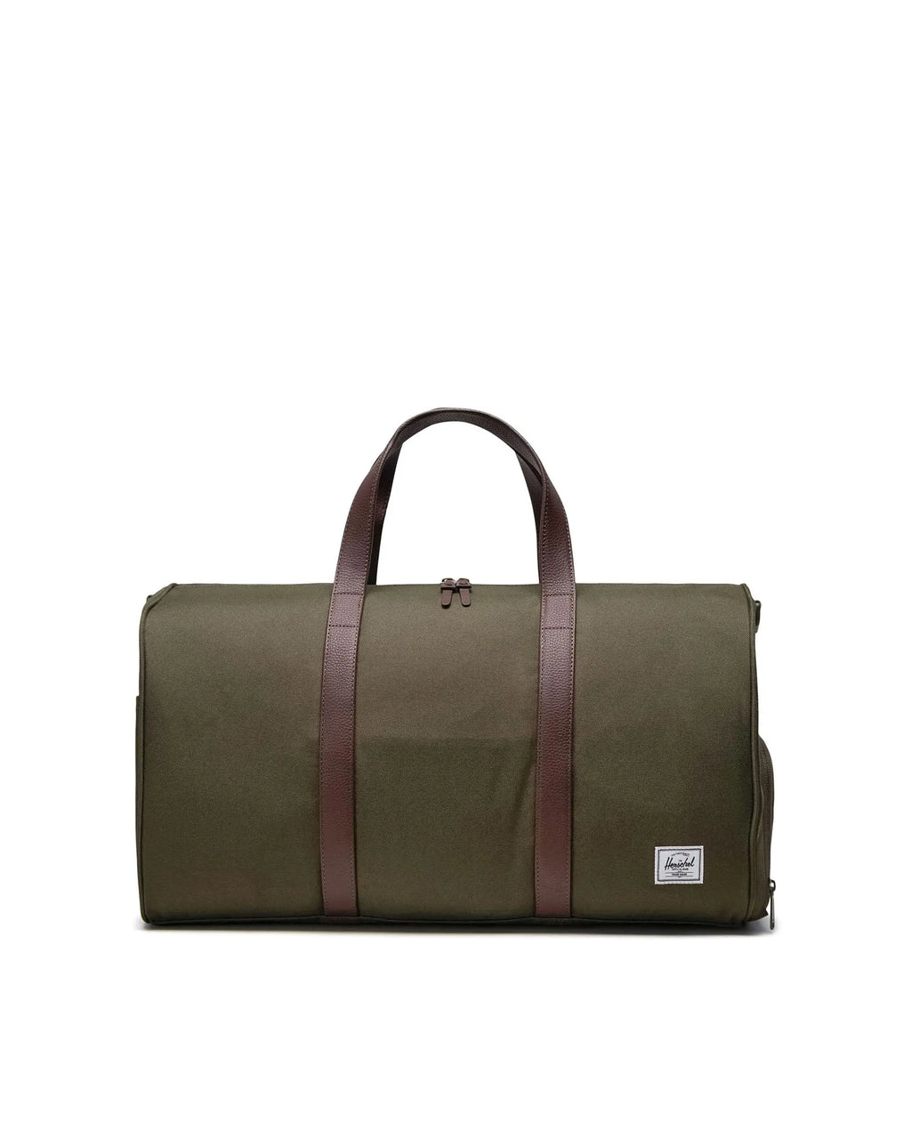 Ivy green 43L duffle bag made from post consumer recycled water bottles.