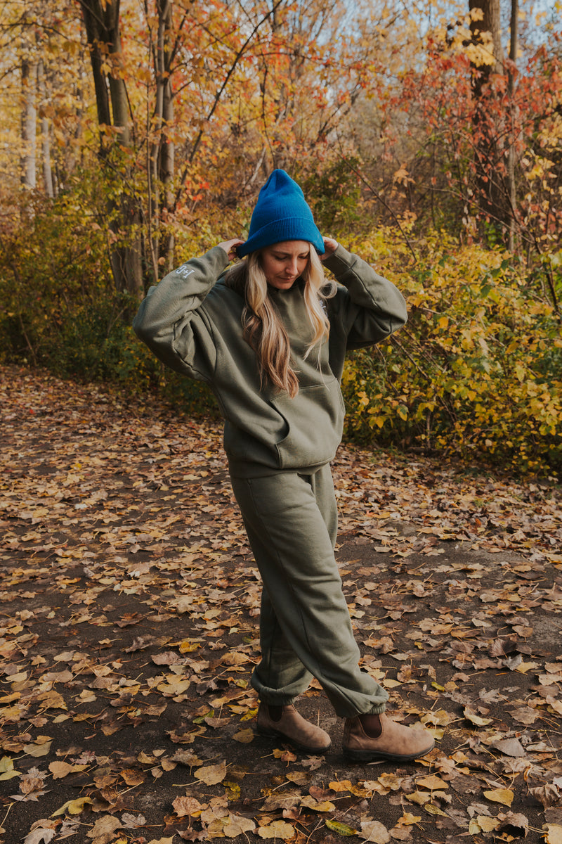 Olive Green Canadian Made Hoodie and Sweatpant suit set.  Comfortable relaxed fit lifestyle apparel 