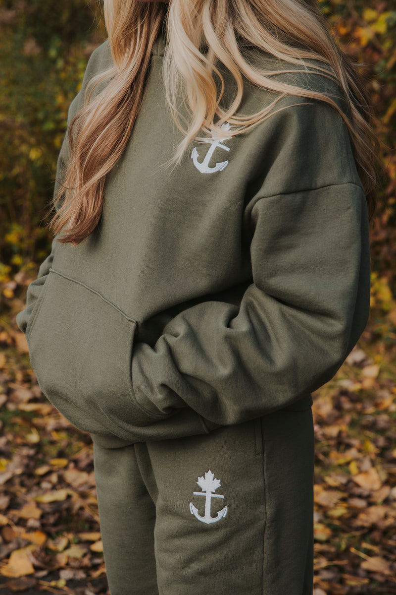Olive Green Canadian Made Hoodie and Sweatpant suit set.  Comfortable relaxed fit lifestyle apparel 