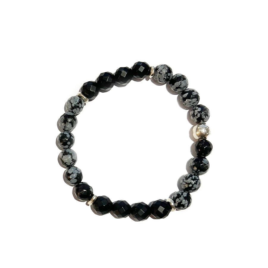 mens jewelry beaded bracelet  Black Snowflake Obsidian silver