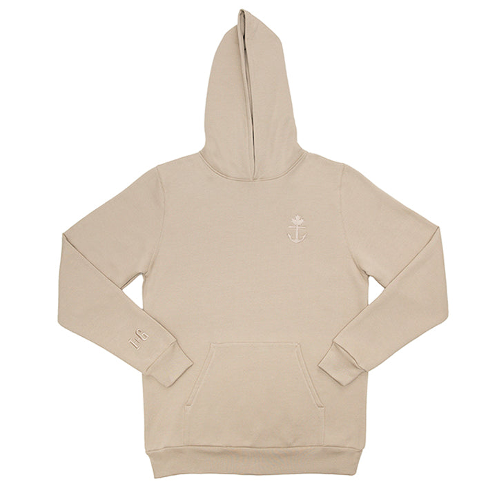Latte coloured Canadian made hoodie great fit and light weight.  Polyester/cotton blend.