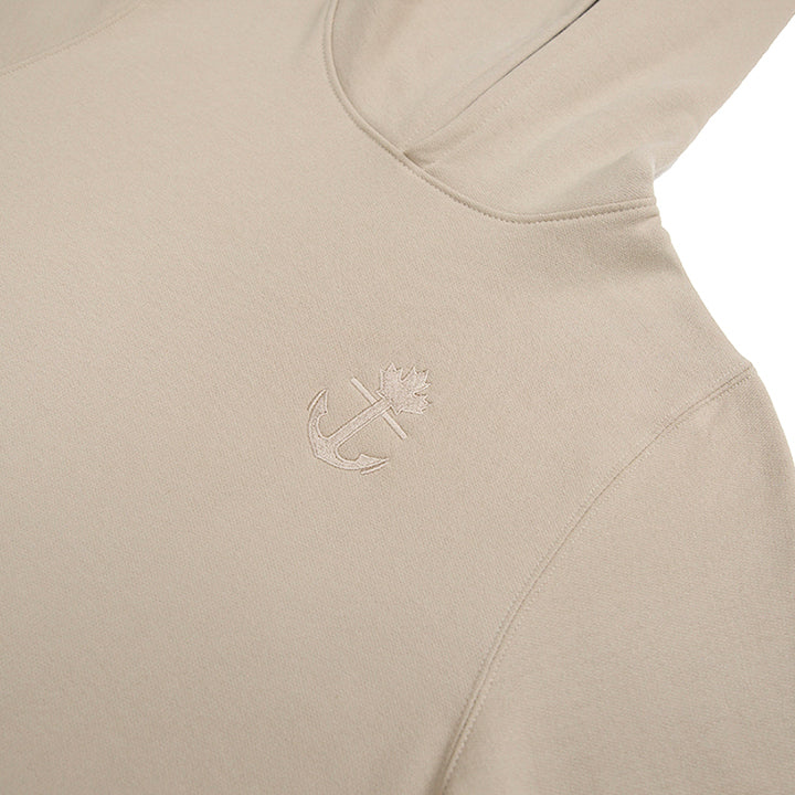 Latte coloured Canadian made hoodie great fit and light weight.  Polyester/cotton blend.